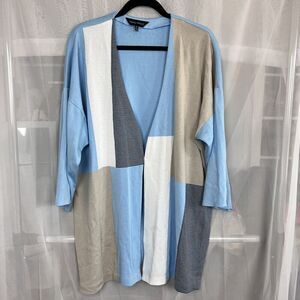 Ming Wang blue knit cardigan XL striped colorblocked preppy office teacher